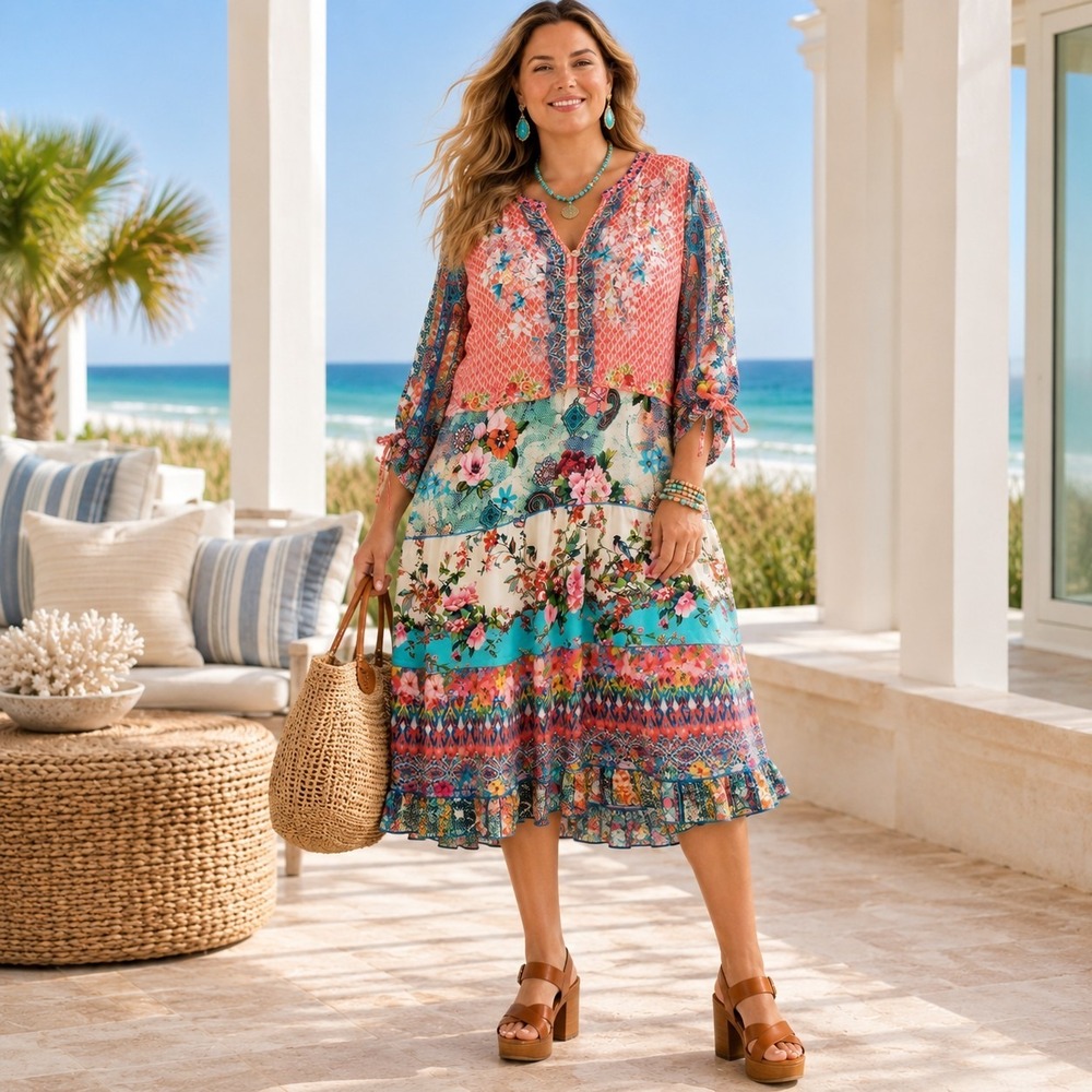 John Mark Coral Turquoise Floral 3/4 Sleeve Midi Dress Tiered 3X Boho Western